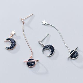 925 Sterling Silver Non-matching Faux Crystal Planet & Moon Dangle Earring