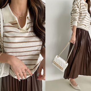 Collared Stripe Knit Top Cream - One Size