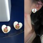 Bear Print Heart Stud Earring 1 Pair - 1874a# - Silver Stud - White - One Size