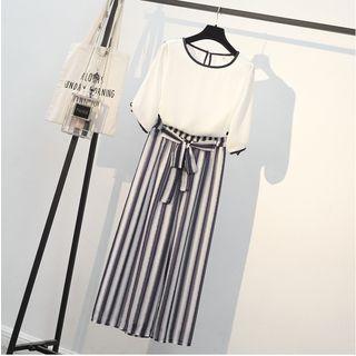 Set: Contrast Trim Chiffon Top + Striped Wide Leg Pants