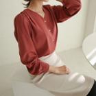 V-neck Pleated-cuff Shirred Blouse