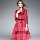 3/4-sleeve Plaid A-line Dress