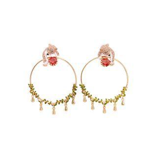 Fashion And Elegant Plated Gold Enamel Cheetah Circle Earrings With Red Cubic Zirconia Golden - One Size