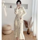 Set: Sheer Strappy Dress + Long-sleeve Midi Knit Dress Strappy Dress - White - One Size / Dress - Beige - One Size