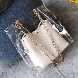 Set: Clear Shopper Tote With Chain Strap + Faux Leather Shoulder Bucket Bag