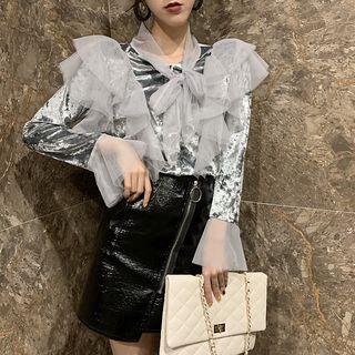 Ruffle-trim Velvet Blouse