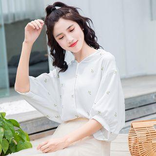 Leaf Print 3/4-sleeve Chiffon Blouse