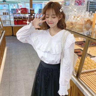 Ruffled Long-sleeve Blouse As Shown In Figure - One Size
