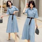 Elbow-sleeve Denim Cargo A-line Midi Shirtdress