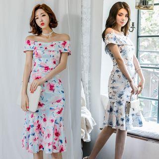Short-sleeve Off Shoulder Floral Mermaid Dress