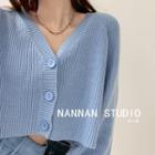 Bubble-sleeve Button-up Crop Knit Top