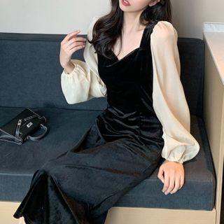 Puff-sleeve Paneled Midi A-line Velvet Dress