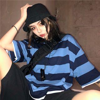 Mock Two-piece Striped Elbow-sleeve T-shirt