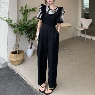 Short-sleeve Striped T-shirt / Ruffle Trim Jumper Pants