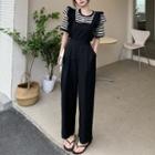 Short-sleeve Striped T-shirt / Ruffle Trim Jumper Pants