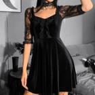 Elbow-sleeve Lace Panel Square-neck A-line Dress