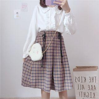 Ruffle Trim Blouse / Plaid A-line Skirt