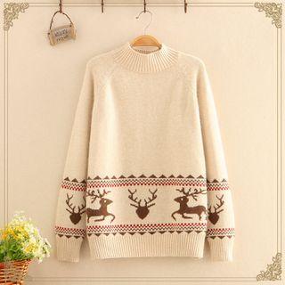 Mock-neck Deer Jacquard Round-neck Sweater