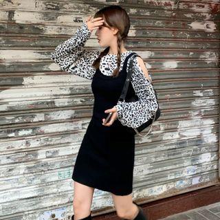 Cold-shoulder Leopard Print T-shirt / Knit Overall Dress