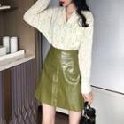 Set: Printed Shirt + Faux Leather A-line Mini Skirt