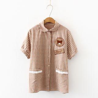 Bear Applique Gingham Short-sleeve Shirt