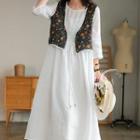 Set: 3/4-sleeve Maxi A-line Dress + Floral Print Tie-front Vest