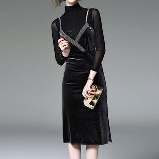 Set: High Neck Long-sleeve T-shirt + Velvet Strappy Dress