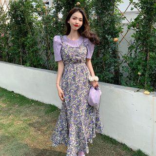 Elbow-sleeve Top / Floral Print Midi A-line Pinafore Dress