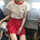 Cherry Embroidered Short-sleeve T-shirt / Plain High-waist Pleated Skirt