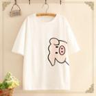 Elbow-sleeve Piggy Print T-shirt As Shown In Figure - One Size