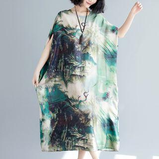 Printed Short-sleeve Midi Dress Green - One Size