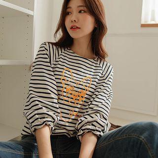Raglan Dog-appliqu  Stripe T-shirt