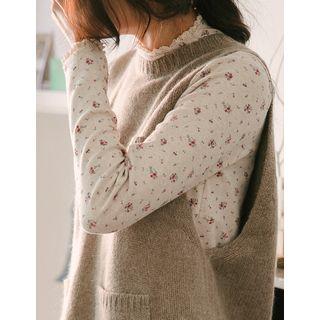 Mock-neck Lace-trim Floral Top