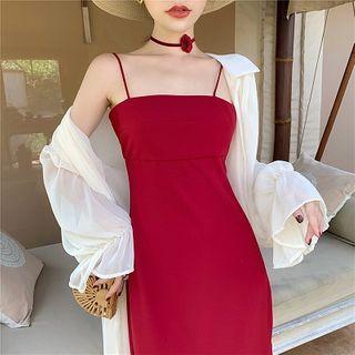 Plain Spaghetti Strap Midi A-line Dress / Open-front Chiffon Jacket