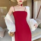 Plain Spaghetti Strap Midi A-line Dress / Open-front Chiffon Jacket