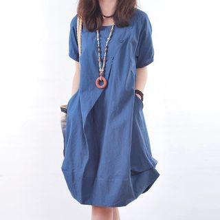 Plain Short Sleeve Linen Midi Dress