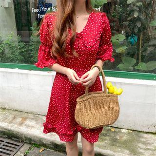 Dotted Elbow-sleeve Mini A-line Dress Red - One Size