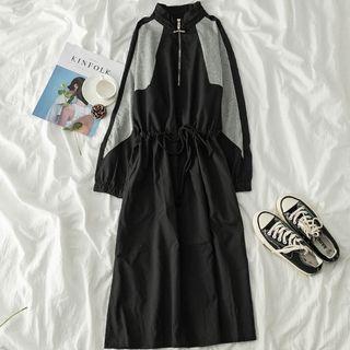 Two Tone Half-zip Midi A-line Dress Black - One Size