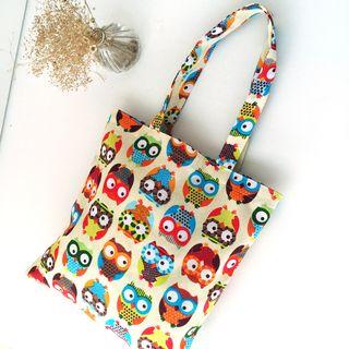 Linen Blend Owl Print Tote Bag