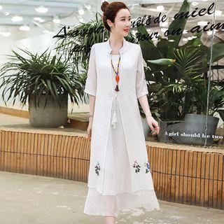 Set: Sleeveless Midi A-line Chiffon Dress + Embroidered Jacket