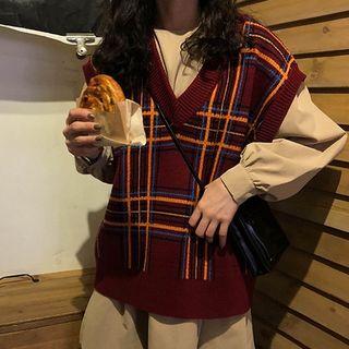 Plaid Knit Vest / Plain Long-sleeve A-line Dress