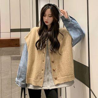 Denim Panel Hooded Zip Jacket / Oversize Short-sleeve Cardigan