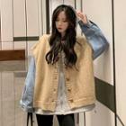 Denim Panel Hooded Zip Jacket / Oversize Short-sleeve Cardigan