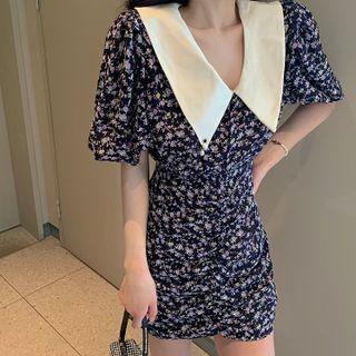 Puff-sleeve Collared Floral Print Mini Sheath Dress
