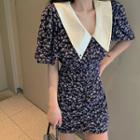Puff-sleeve Collared Floral Print Mini Sheath Dress