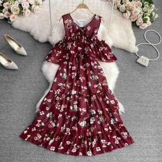 Cold Shoulder Floral Print Chiffon Maxi Dress