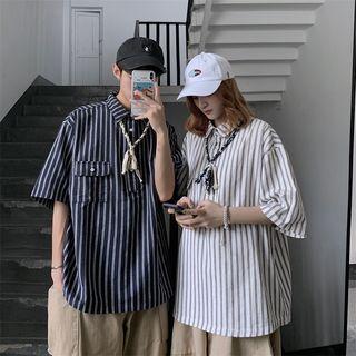 Couple Matching Elbow-sleeve Striped Placket Shirt