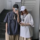 Couple Matching Elbow-sleeve Striped Placket Shirt