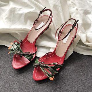 Genuine Leather Flower Accent Kitten Heel Sandals