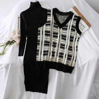 Set: Turtleneck Sweater Dress + Plaid Vest Black - One Size